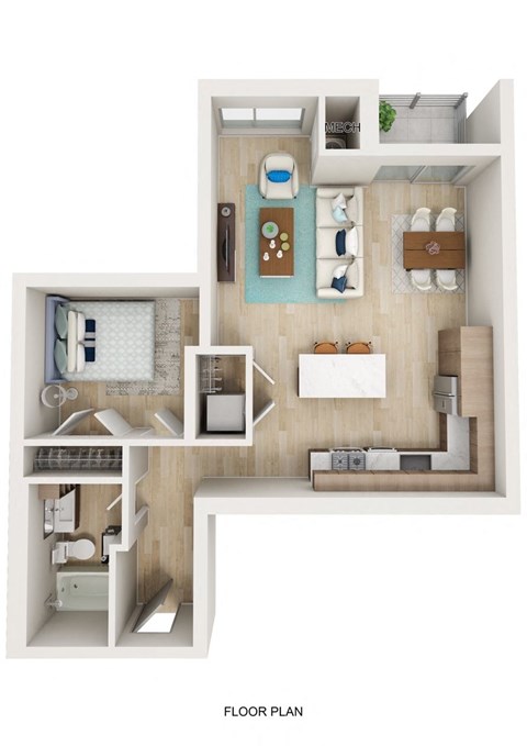 Floor plan for 1 bed, 1 bath, 763 sqft